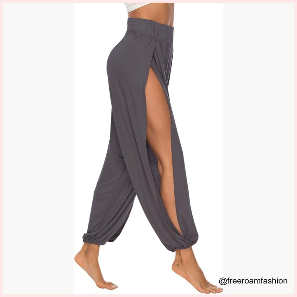 High Slit Harem Yoga Pants, Rayon Spandex, Loose Fit, US Sizing